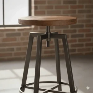 Close-up of an industrial metal bar stool with a distressed wood seat, showcasing the durable steel frame and rustic finish.
