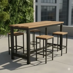 Modern industrial style bar height table for outdoor use with a plank wood top and metal base.
