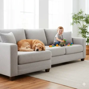 A happy dog and child relaxing on the washable sectional sofa, highlighting its pet-friendly features.