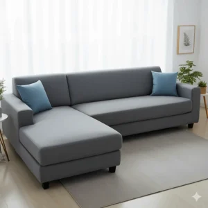 Photo of an L-shaped sectional sofa with a perfectly installed, wrinkle-free slip cover, highlighting the protective barrier.