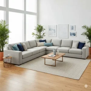 Example configuration of a large L-shaped washable sectional sofa providing ample seating.
