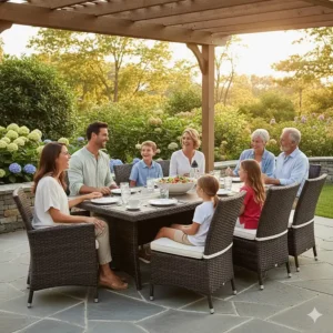 Family enjoying a meal at a large, rectangular resin patio dining furniture set with seating for eight people.