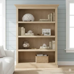 An open light wood bookcase displaying seashells, books, and coral—ideal coastal living room storage and display.