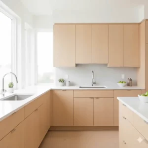 Example of lightly stained maple kitchen cabinets, providing a bright and airy feel to the space.