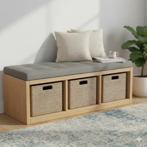 Functional living room storage bench with open shelving and woven baskets to reduce clutter.