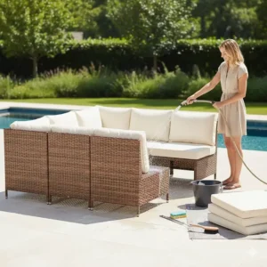 Example of low-maintenance resin wicker construction that only requires occasional cleaning.