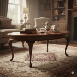 Large, oval mahogany antique coffee table with cabriole legs, the centerpiece of a traditional living room.