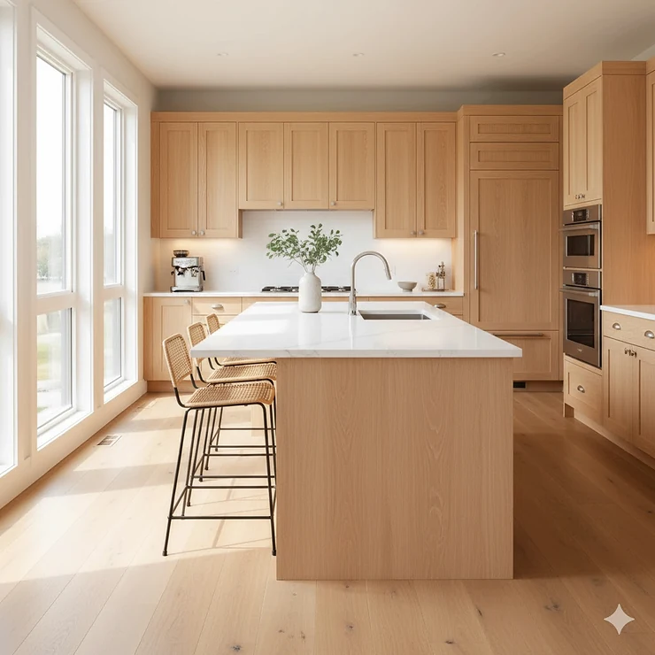 A stunning, modern kitchen design featuring light maple wood furniture and white quartz countertops.