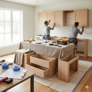 View of the professional installation process for new maple kitchen furniture and fixtures.