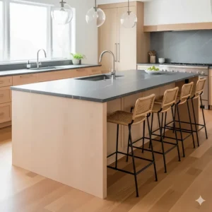Large central maple kitchen island with a dark countertop and comfortable seating area for a family.