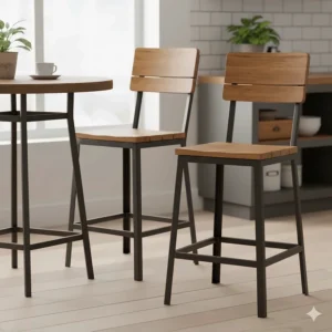 Comfortable high-back metal and wood bar seating blending dark metal frames with warm, polished wooden slats for a cozy aesthetic.