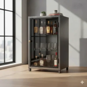 Compact metal bar cabinet offering organized storage for bottles and glassware, featuring a rustic grey finish.