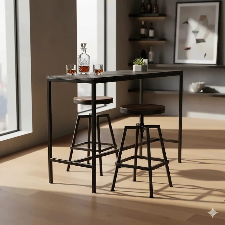 A stylish, modern metal bar furniture set, featuring two industrial-style metal bar stools and a sleek black metal bar table, perfect for a contemporary home bar area.