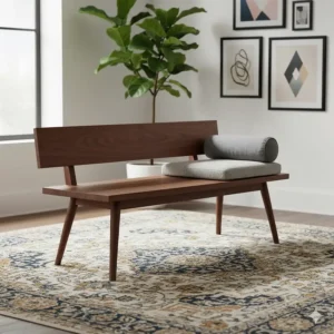 Stylish mid-century modern wood bench with tapered legs, perfect accent seating for a contemporary living room.