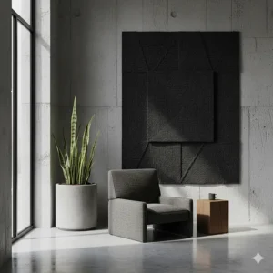 A minimalist interior scene featuring key brutalist furniture pieces like a concrete planter and geometric armchair.