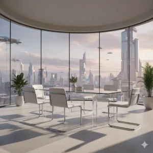 Minimalist dining set featuring a glass table and cantilevered metal chairs for a clean look.