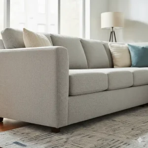 Detail image of the sleek, modern track armrest and black metal legs of the new cuddler sectional sofa model.