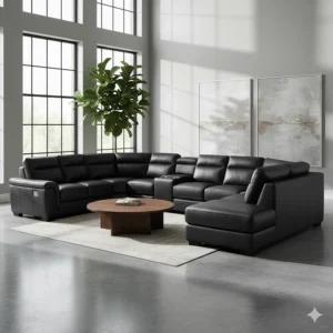 A stunning black leather 7 seat sectional sofa positioned in a large open-plan entertainment area.