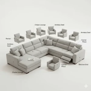 Detailed diagram illustrating the various modular configurations of the 7 seat sectional sofa.