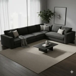Large, comfortable modular black sectional sofa, ideal for a spacious family living room.