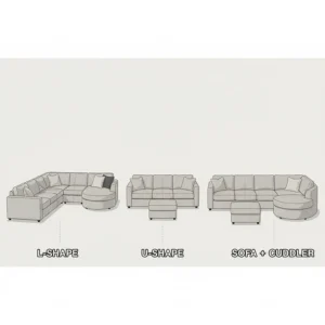 Diagram showing three possible modular cuddler sectional sofa configurations for versatile room layouts.