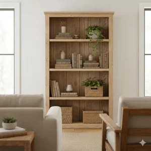 Tall, open natural wood bookcase showcasing books and decorative items, part of a complete rustic living room furniture set.