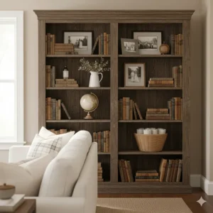 Tall, open-shelf farmhouse bookcase displaying rustic decor and vintage books in the living room.