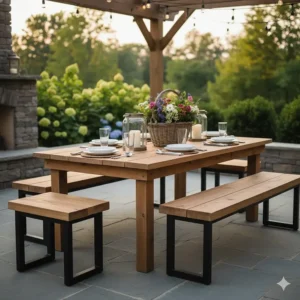 A durable cedar farmhouse table designed for outdoor patio and al fresco dining.