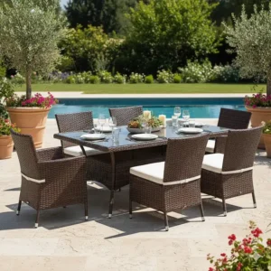 Elegant outdoor resin wicker dining set for hosting meals and gatherings on the deck or patio.