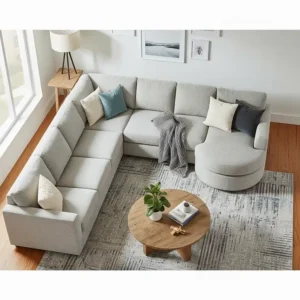 An overhead perspective highlighting the expansive seating and L-shape of the cuddler sectional sofa layout.