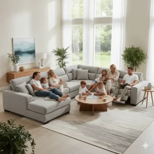 Family and friends comfortably seated on a large 7 seat sectional sofa, demonstrating the generous seating capacity.