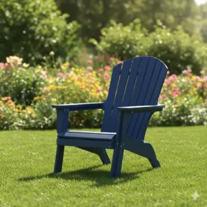 Comfortable navy blue plastic Adirondack chair sitting on a grass lawn.