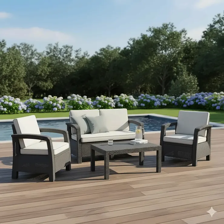 Modern plastic patio furniture set on a wooden deck, perfect for outdoor relaxation.
