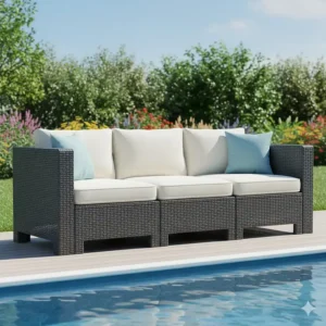 Large plastic patio sofa with thick cushions and a woven wicker look.