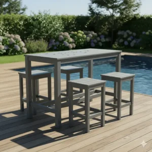Low-maintenance Polywood outdoor furniture bar height table designed to withstand all types of weather.