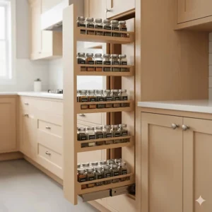 Functional pull-out spice rack and pantry storage solution integrated into custom maple kitchen furniture.