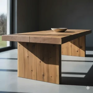 Close-up of a large, raw-wood dining table embodying the brutalist aesthetic with its thick, heavy forms.