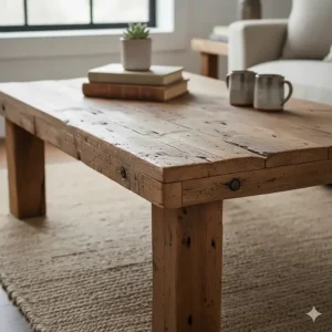 Close-up of a sturdy reclaimed wood coffee table, a perfect centerpiece for rustic living room furniture.