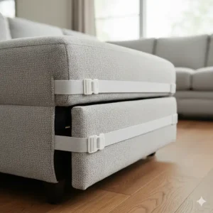 Close view of the elastic straps and ties used on a sectional slip cover to ensure a secure fit, even on reclining sections.