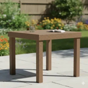 Close-up of a sturdy, weather-resistant resin outdoor table with four legs.