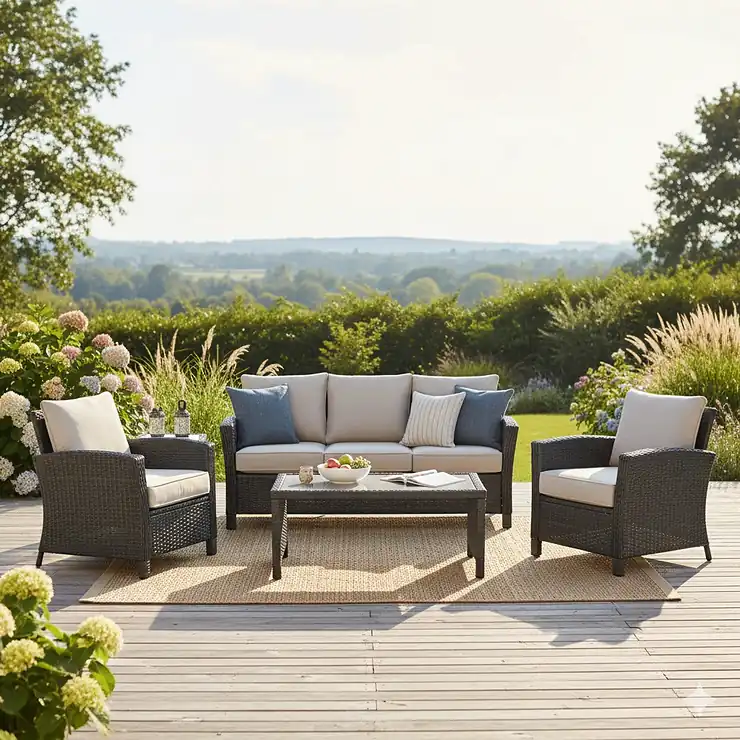 A complete resin patio furniture set, featuring a sofa, two armchairs, and a coffee table, placed on a sunny deck.