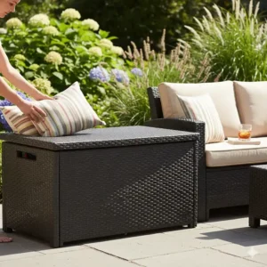 Weather-resistant resin storage box next to a seating area, used for storing patio cushions and accessories.
