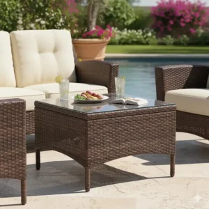 Functional resin wicker coffee table with a tempered glass top, essential for any patio furniture arrangement.