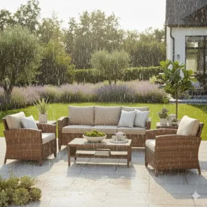 Resin wicker patio furniture withstanding a light shower, demonstrating its durability against the elements.