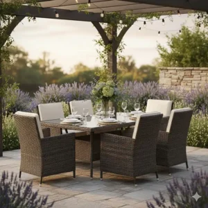 Elegant resin wicker outdoor dining set, perfect for al fresco meals on the porch or deck.