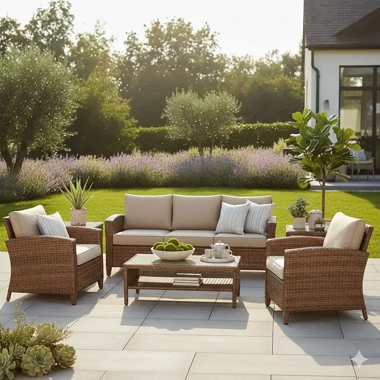 Luxurious resin wicker lawn furniture set on a modern patio, featuring a sofa, armchairs, and a glass-top coffee table.