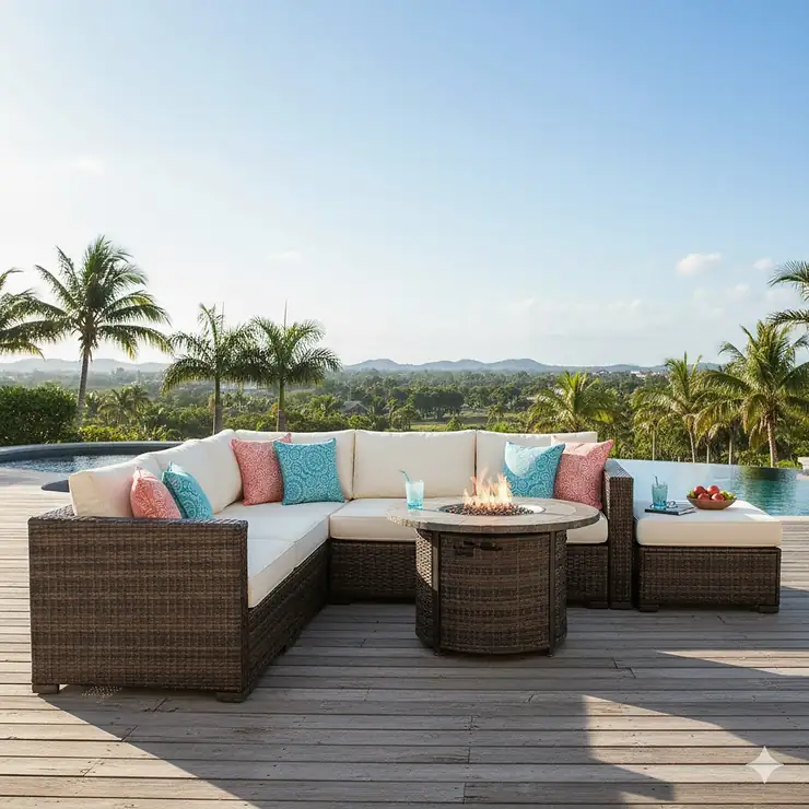 A beautiful, durable resin wicker patio furniture set with comfortable cushions, perfect for outdoor relaxation.