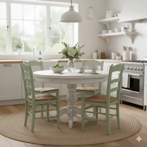 A small, round white distressed farmhouse table in a bright, modern farmhouse style kitchen.