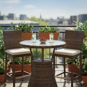 Stylish round outdoor furniture bar height table made of all-weather wicker on a small balcony.