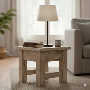 Small, hand-carved rustic end table next to a lamp, providing practical surface space in a living room.
